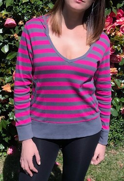 Pink & Grey Striped Jersey Hooded Lounge Top