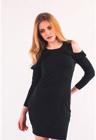 COLD SHOULDER FRILL SLEEVES KNITTED DRESS IN GREEN COLOR