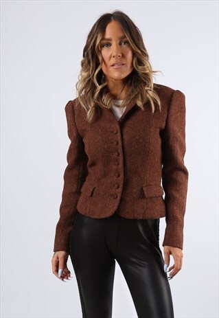 BLAZER JACKET FITTED TWEED WOOL CROPPED UK 8 (L84K)