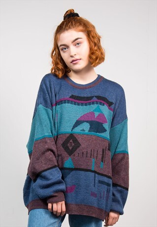 VINTAGE 90'S COLOURBLOCK PATTERNED KNIT OVERSIZE JUMPER