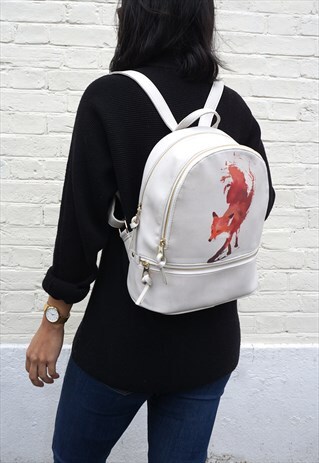 SMALL LEATHER BACKPACK/MINI RUCKSACK WITH FOX ARTWORK DESIGN