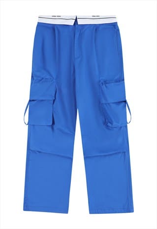 PARACHUTE JOGGERS CARGO POCKET PANTS RAVE TROUSERS IN BLUE