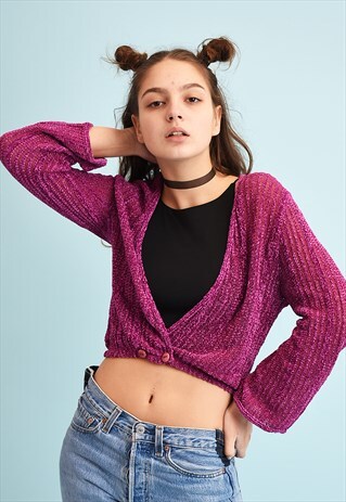 90'S RETRO SHEER KNIT CROP CARDIGAN TOP