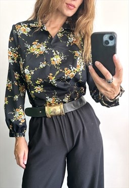 70s Black Floral Boho Blouse / Shirt - M