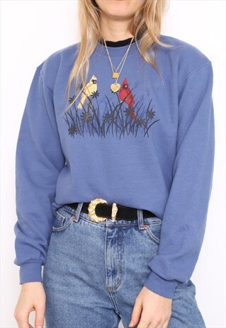 VINTAGE 90S BLUE BIRD PRINT SWEATER JUMPER
