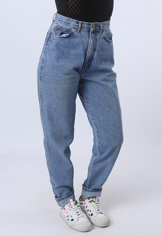 HIGH WAISTED DENIM JEANS TAPERED LEG VINTAGE UK 10 (E95R)