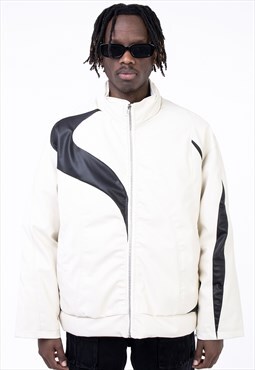 Faux leather bomber grunge stripe biker jacket in white