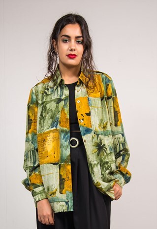 90'S VINTAGE GREEN PATTERNED LONG SLEEVE SHIRT BLOUSE