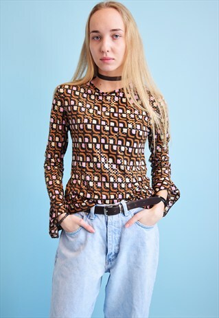 COOL 90'S RETRO MOD PATTERN SEQUINED KITSCH LYCRA TOP
