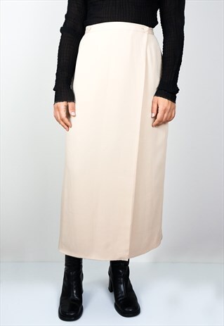 VINTAGE 90S 00S Y2K MINIMAL WRAP MAXI SKIRT IN CREAM S M