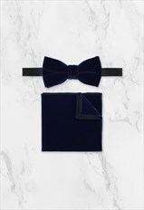 Mens Navy Blue Velvet Bow Tie & Matching Pocket Square Set