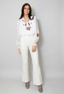 70's Vintage Ladies White Long Sleeve Embroidery Blouse M
