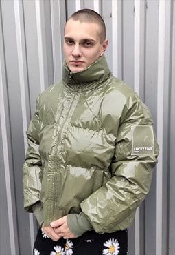 Shiny Plastic cropped bomber quilted puffer jacket in green