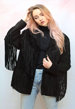 1970S VINTAGE REAL SUEDE JET BLACK TASSEL JACKET