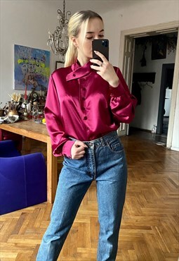 Vintage Silky Satin Magenta Blouse with High Collar