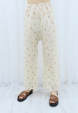 90s Vintage Cream Floral Slouchy Trousers