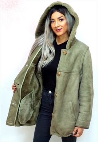 1980S VINTAGE KHAKI GREEN HOOD SHEEPSKIN SHERPA COAT