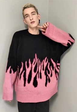 Oversized flame knitted sweater fire Korean jumper in pink