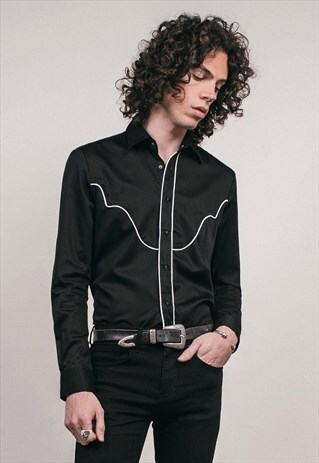 MENS BLACK/WHITE WESTERN SKULL BUTTON SHIRT