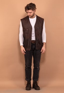Vintage 80's Men Leather Zip Up Vest in Brown