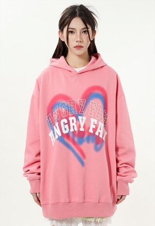 HEART PRINT HOODIE ANGRY SLOGAN PULLOVER EMBELLISHED JUMPER