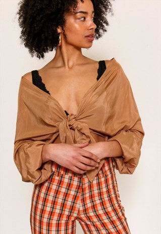 VINTAGE 90'S BROWN REWORKED TIE FRONT BLOUSE