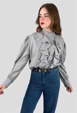 80's Vintage Long Sleeve Grey Ruffle Ladies Blouse 
