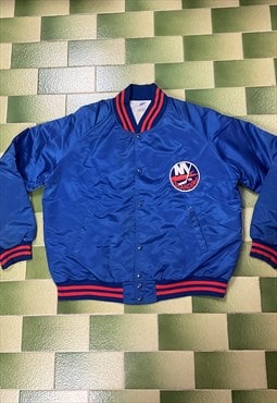Vintage 90s NHL New York Islanders Satin Bomber Jacket Snap