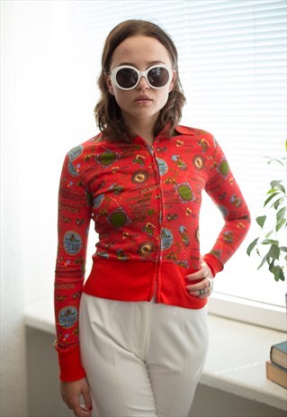 VINTAGE 80'S RED PATTERNED ZIP UP BLOUSE