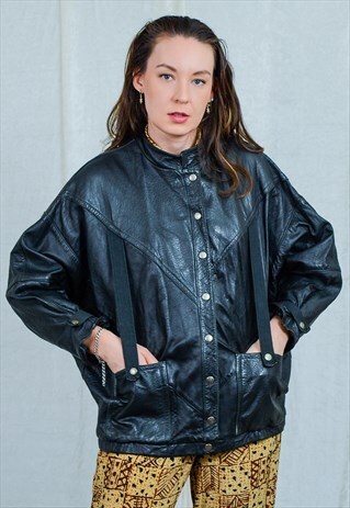 RARE BLACK LEATHER JACKET VINTAGE REGLAN SLEEVE OVERSIZED