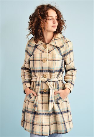 VINTAGE 60'S RETRO MOD CLASSY CHECKED TRENCH COAT
