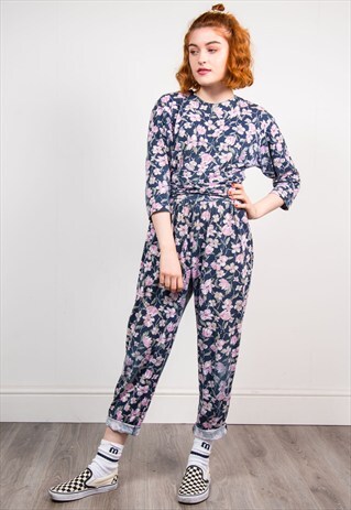 VINTAGE 90'S NAVY FLORAL PATTERN JUMPSUIT