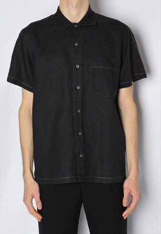 Y2K BLACK MINIMALIST LINEN BLEND SHORT SLEEVE SHIRT