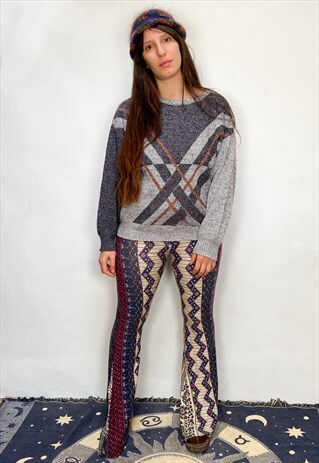 VINTAGE 80'S GREY CHECKED PATTERNED GRANDAD JUMPER
