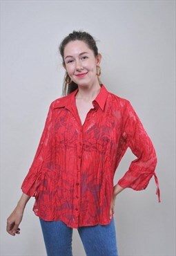 Vintage red transparent blouse, retro flowers shirt