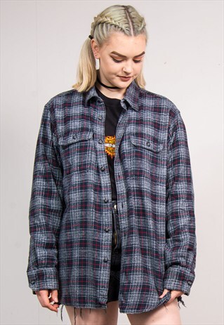 90'S VINTAGE GREY TARTAN CHECK FLANNEL SHIRT