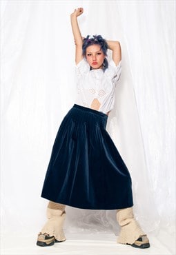 Vintage Skirt 80s Velvet Cotton High Waist Maxi in Blue