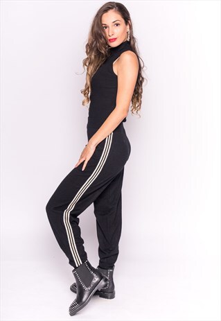 BLACK SOFT KNIT JOGGING BOTTOMS WITH SIDE STRIPES