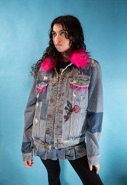 Vintage Reworked Denim Jacket with Pink Fur and Tassels.