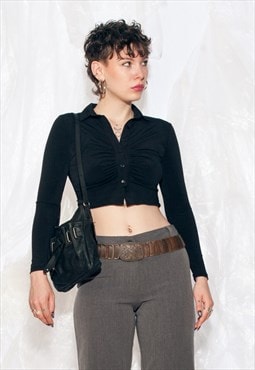 Vintage Y2K Crop Shirt in Black Ruched