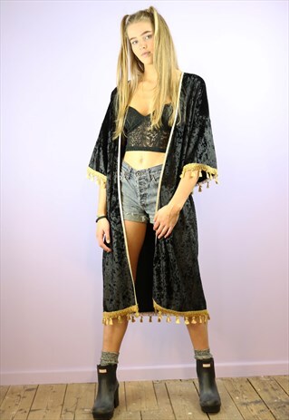 I SEE YOU BABY BLACK VELVET KIMONO WITH GOLD TASSELS