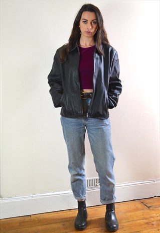 1990S VINTAGE BLACK LEATHER ZIP UP JACKET