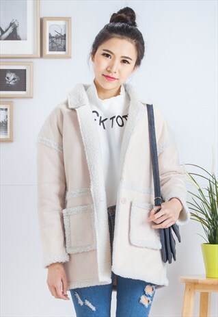 FAUX SUEDE SHEARLING COAT - BEIGE
