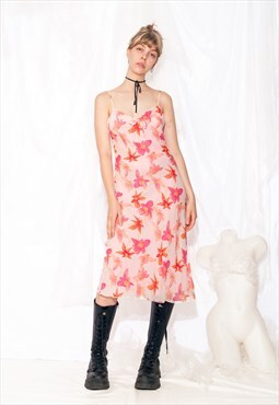 Vintage Y2K Slip Dress in Pastel Pink Flower Print
