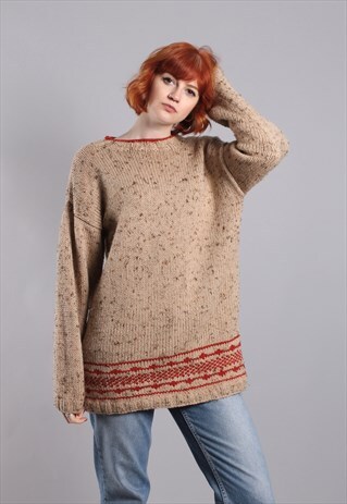 VINTAGE 80S BEIGE NORDIC CHUNKY KNIT OVERSIZE WOOL JUMPER