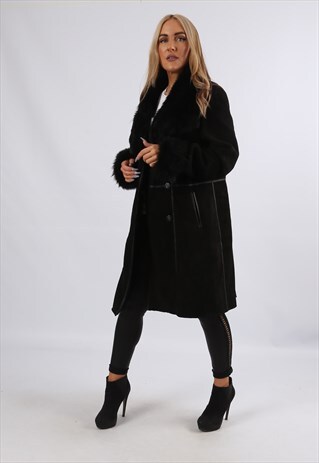 VINTAGE SHEEPSKIN SUEDE SHEARLING COAT MID UK 12 M (KJ3V)