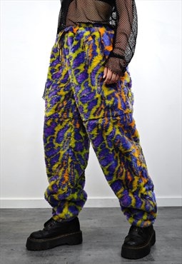 Leopard faux fur joggers purple neon trousers animal print