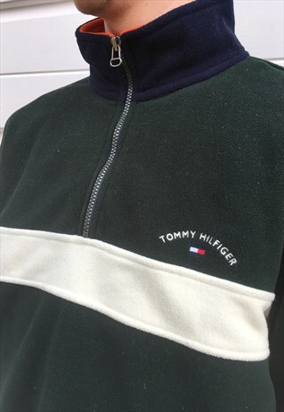 MENS TOMMY HILFIGER FLEECE GREEN QUARTER ZIP JUMPER FESTIVAL