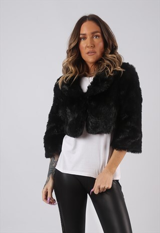 FAUX FUR COAT JACKET CROPPED SHORT VINTAGE UK 8 (HKHB)