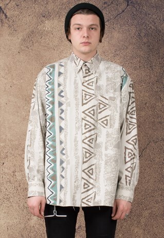 MENS VINTAGE LONG SLEEVE, PASTEL, GRAPHIC PRINT, BUTTON UP